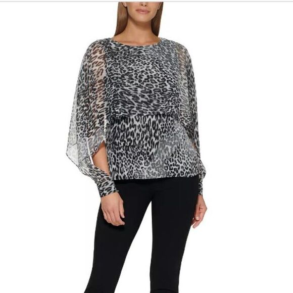 DKNY Black/White Leopard  Cape Blouse - Picture 3 of 15